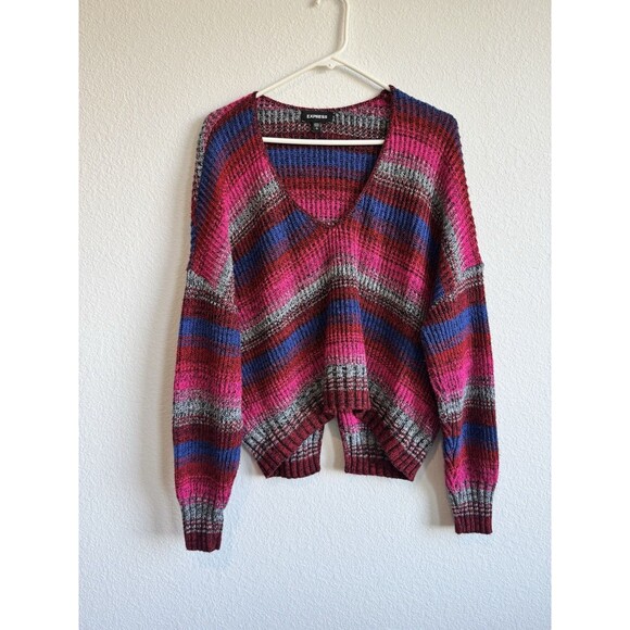 Express Women's Pink Red Blue Striped Knit Pullover Sweater V Neck Dolman Sleeve - Picture 1 of 9